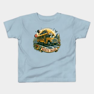 School Bus On An Adventurous Road Trip, Route Tales Kids T-Shirt